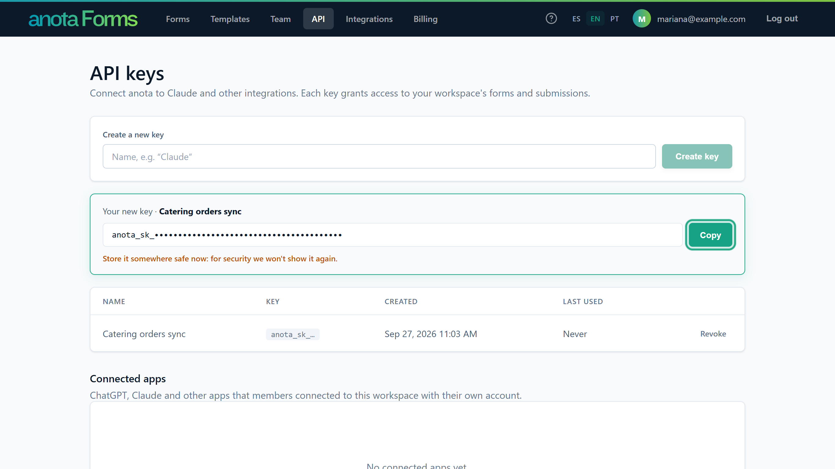 The Your new key · Catering orders sync panel with the key, masked for this guide, the Copy button outlined, and the warning in orange