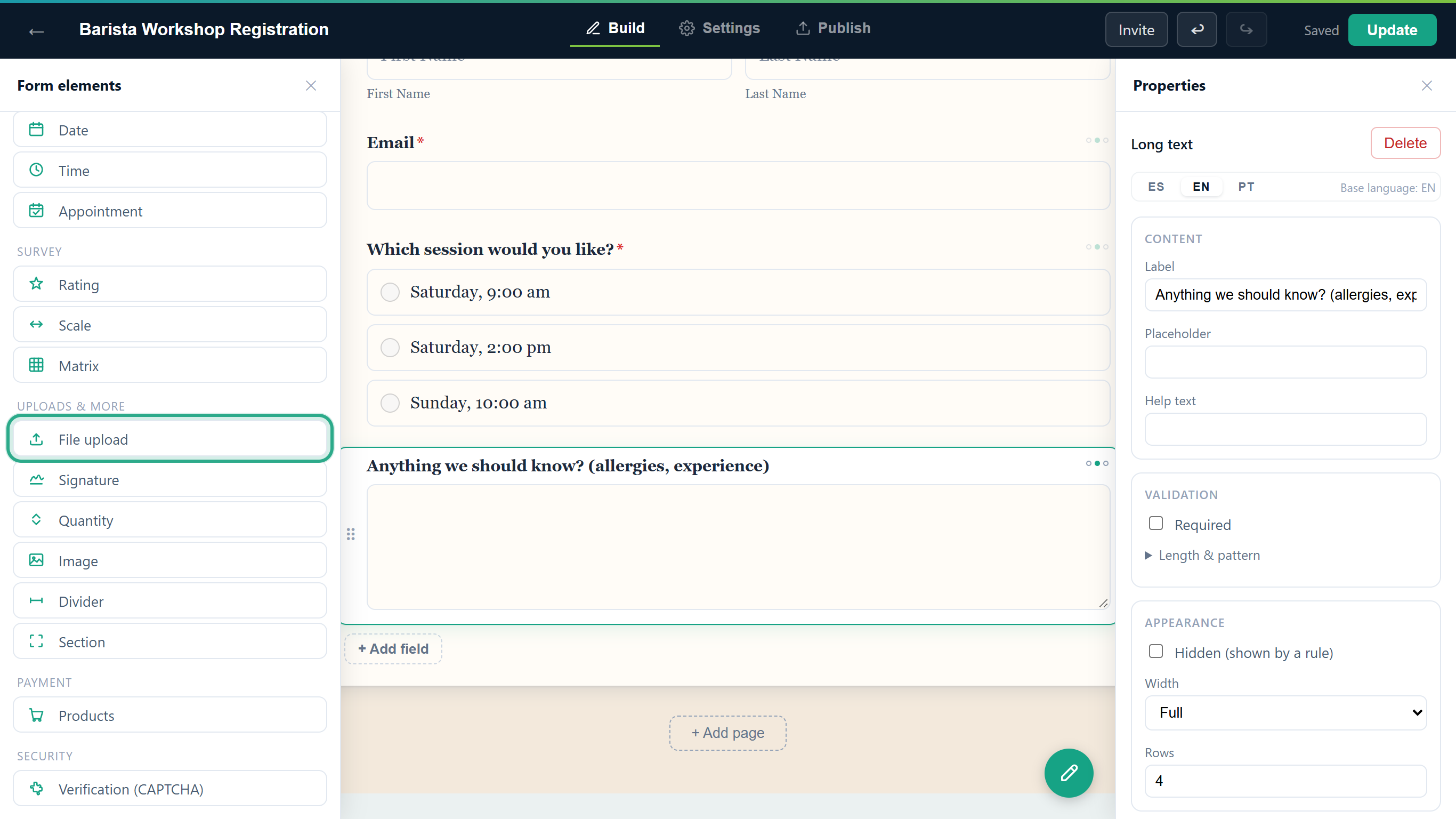 The Form elements panel open on the left with the File upload item, under Uploads & more, outlined