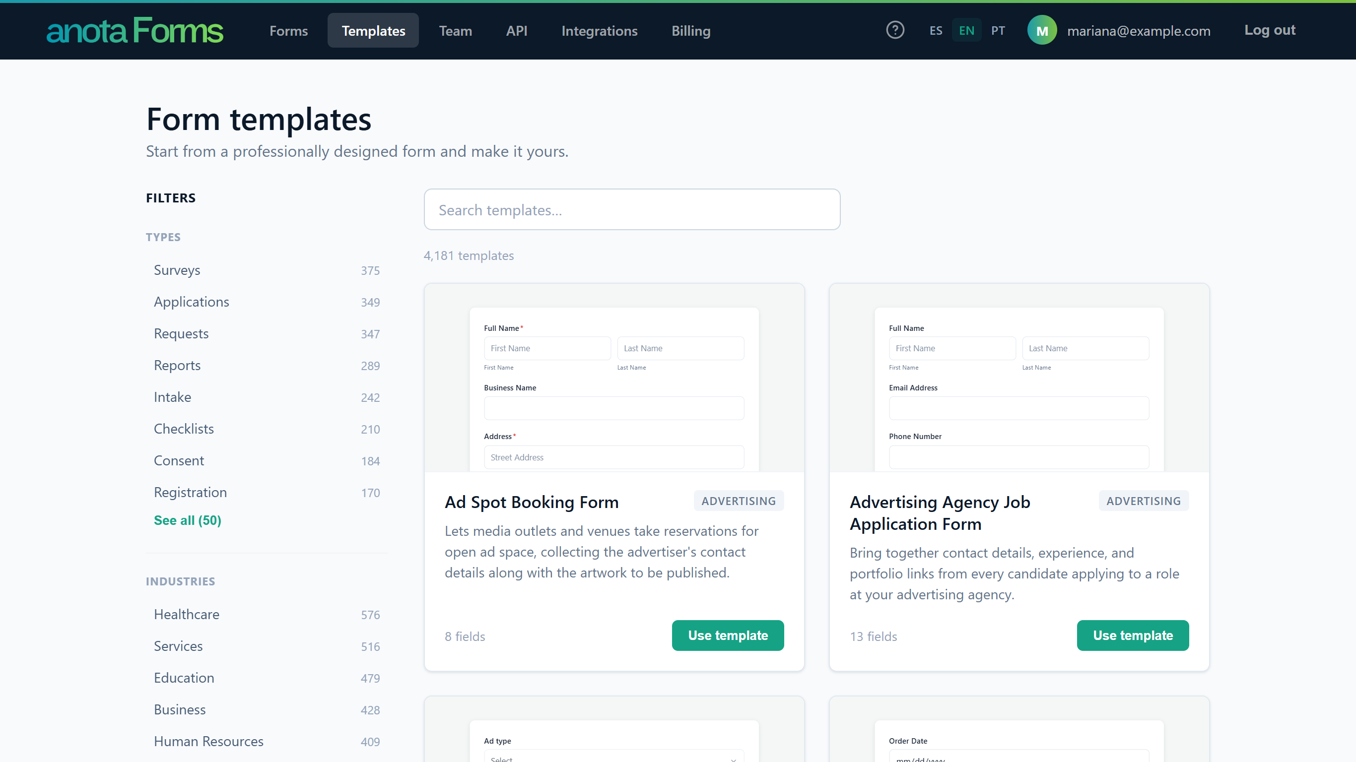 The Form templates page with the Filters sidebar (Types, Industries), the Search templates box, the count of templates and the first template cards with their Use template buttons