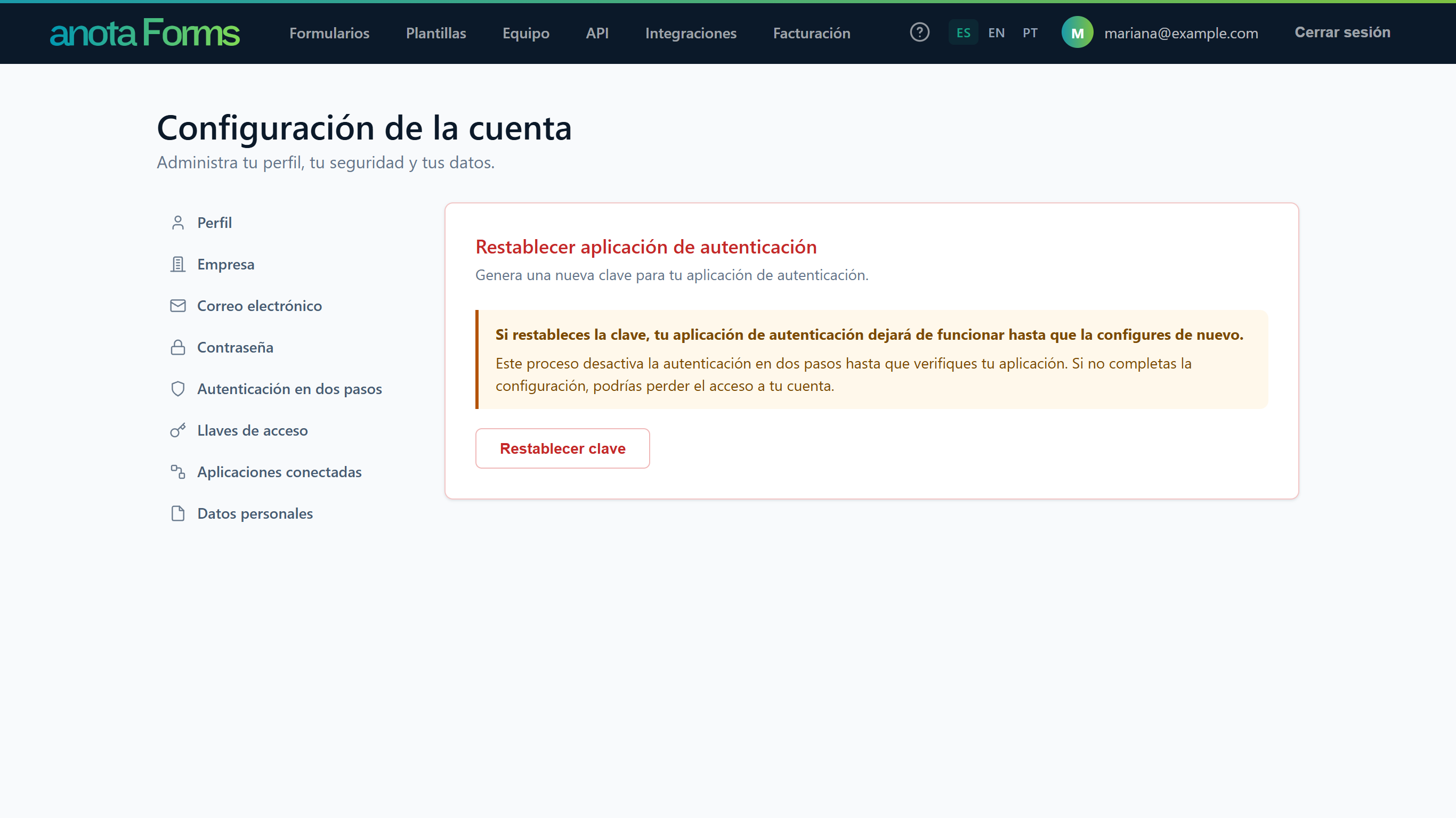La tarjeta Restablecer aplicación de autenticación con el aviso Si restableces la clave, tu aplicación de autenticación dejará de funcionar hasta que la configures de nuevo. y el botón Restablecer clave resaltado