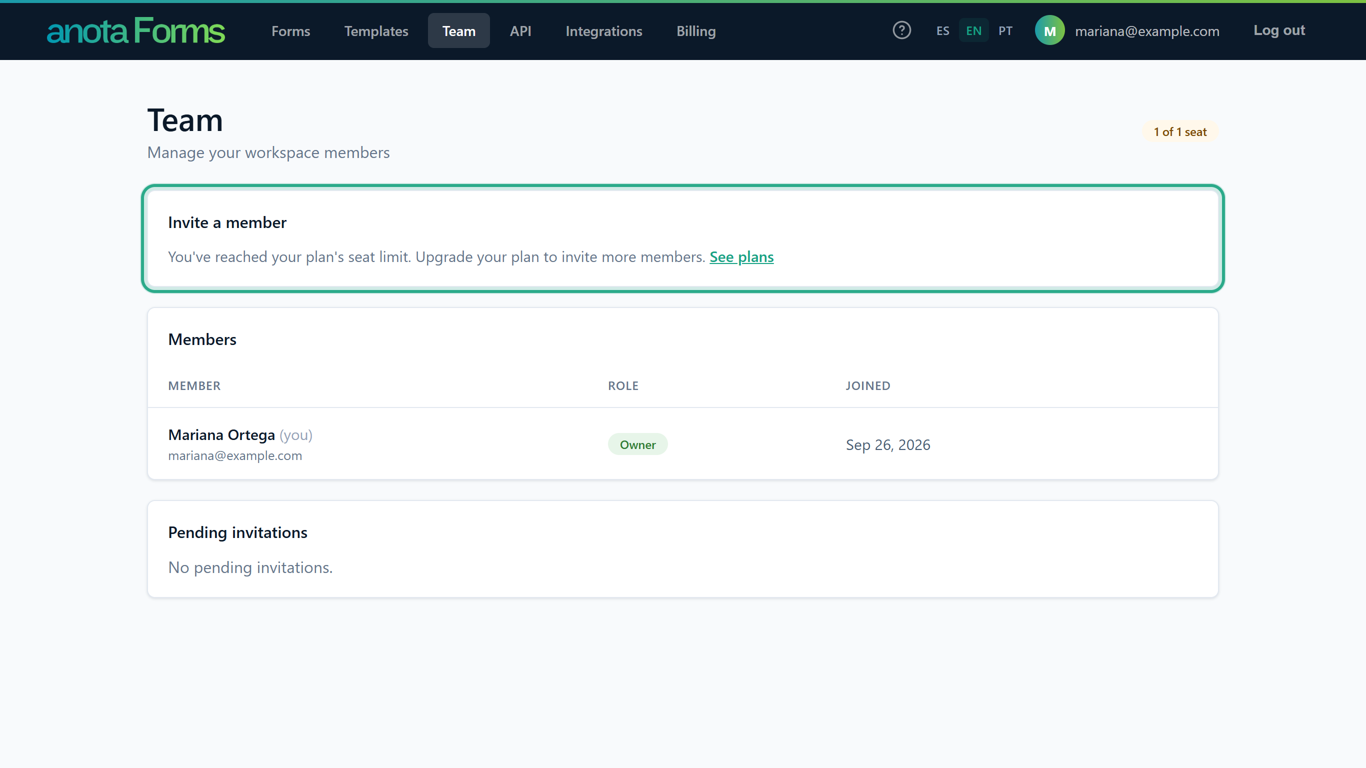 The Team page on the Starter plan: the pill reads 1 of 1 seat, and the outlined Invite a member card shows the seat-limit message with the See plans link
