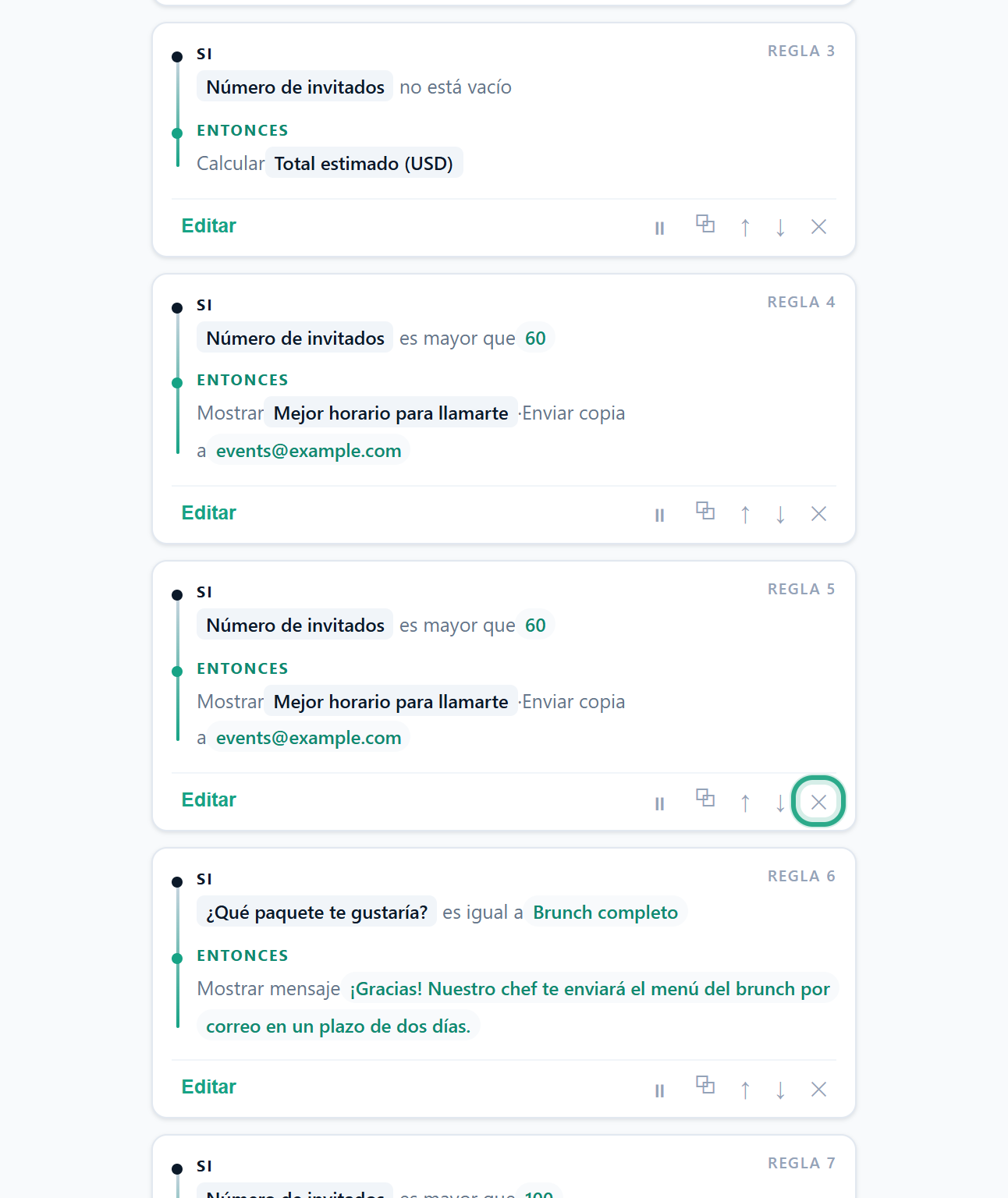 El botón Eliminar de la Regla 5 duplicada, resaltado