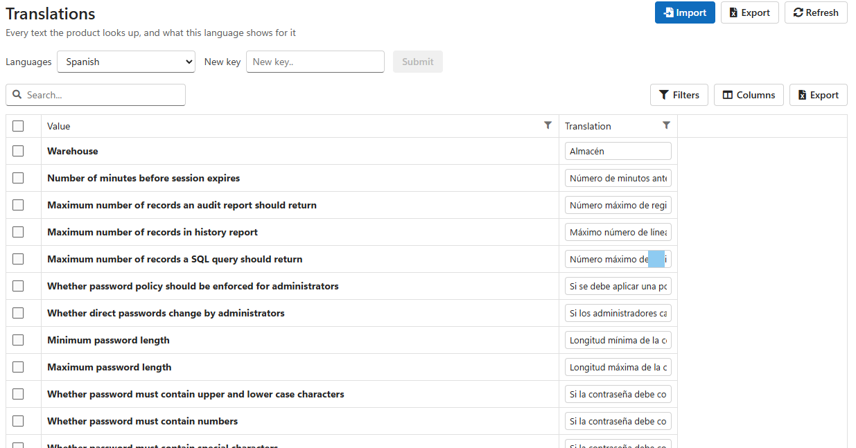 The Translations screen set to Spanish, listing English values such as Warehouse and Minimum password length with their Spanish translations