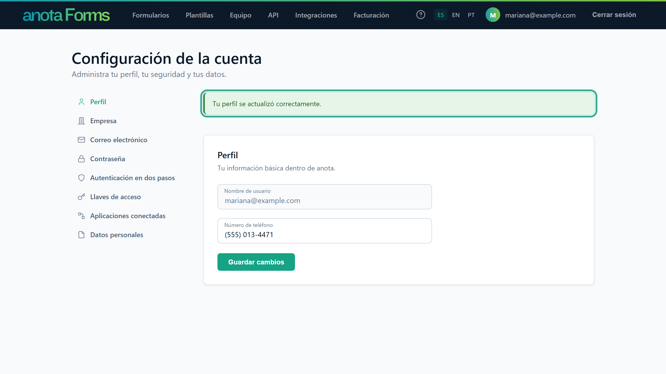 El mensaje Tu perfil se actualizó correctamente. resaltado encima de la tarjeta Perfil, que ya muestra el número de teléfono