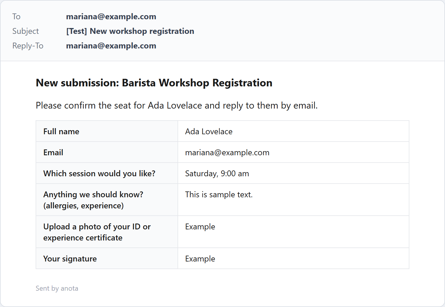 The test email: subject [Test] New workshop registration, the body with Ada Lovelace, and the answers table with sample values
