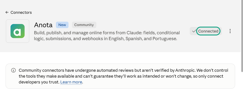The Anota connector page in Claude now showing Connected