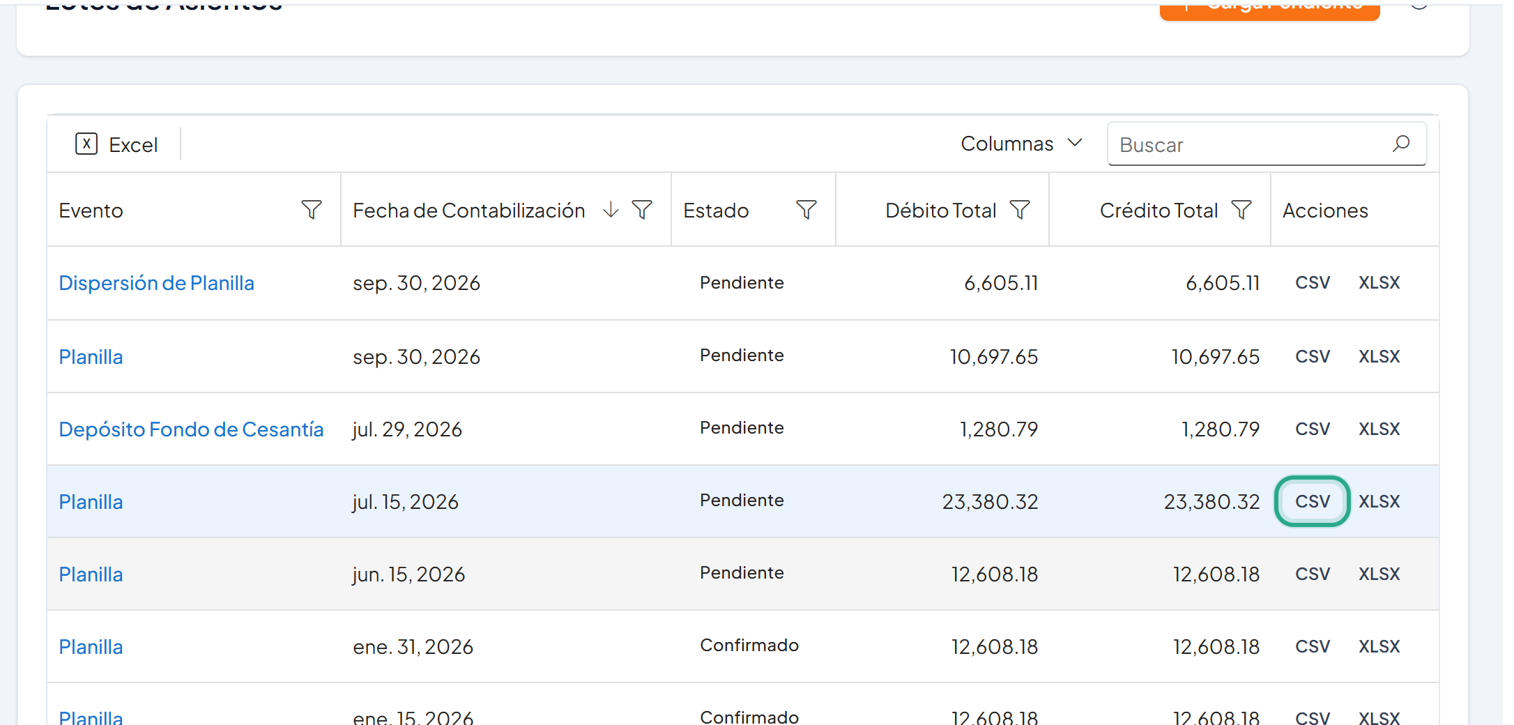 Lista de lotes con el botón CSV del lote Planilla del jul. 15, 2026 resaltado