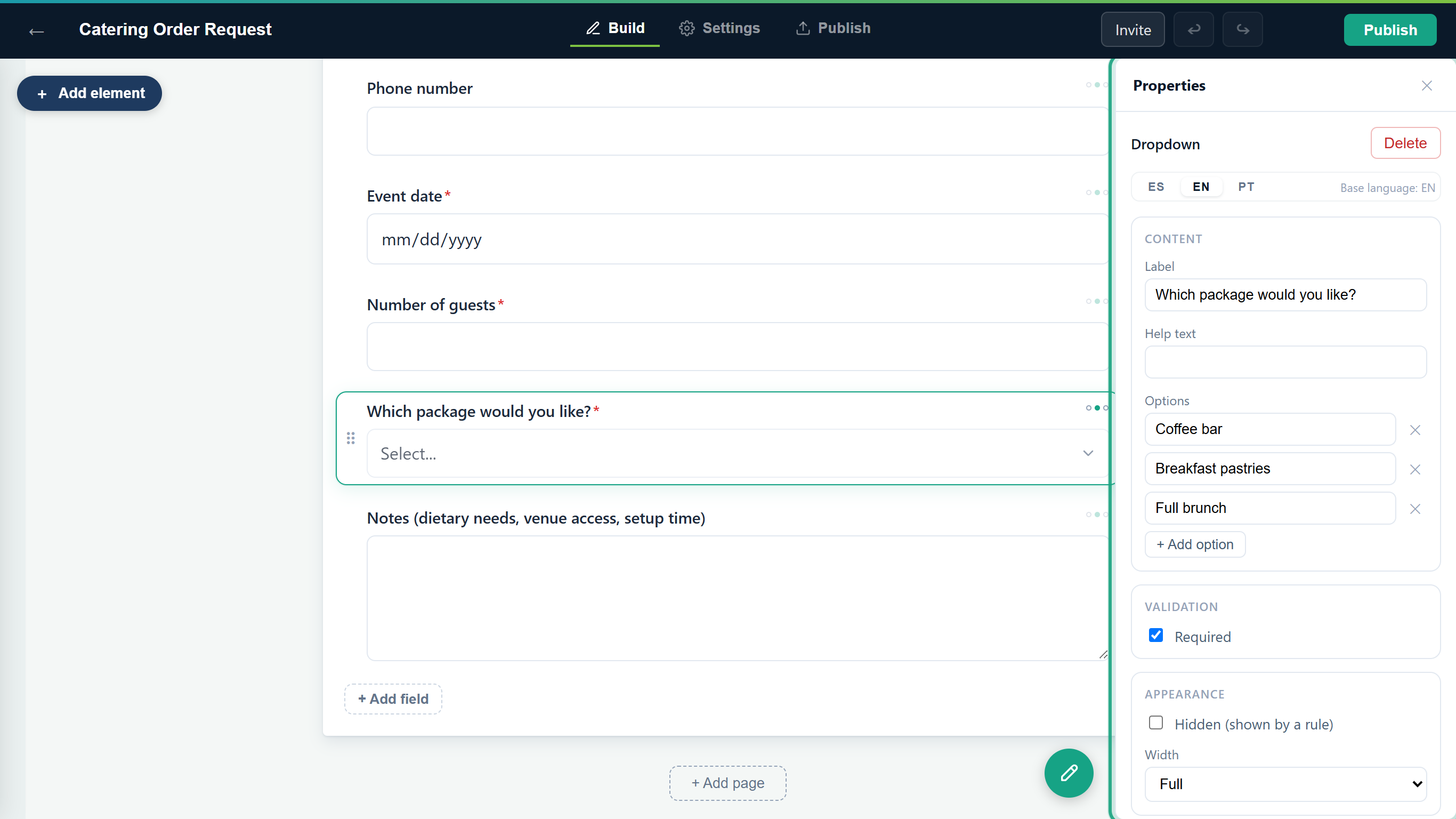 The Properties panel of the Which package would you like? dropdown, outlined on the right, showing Content, Validation and Appearance