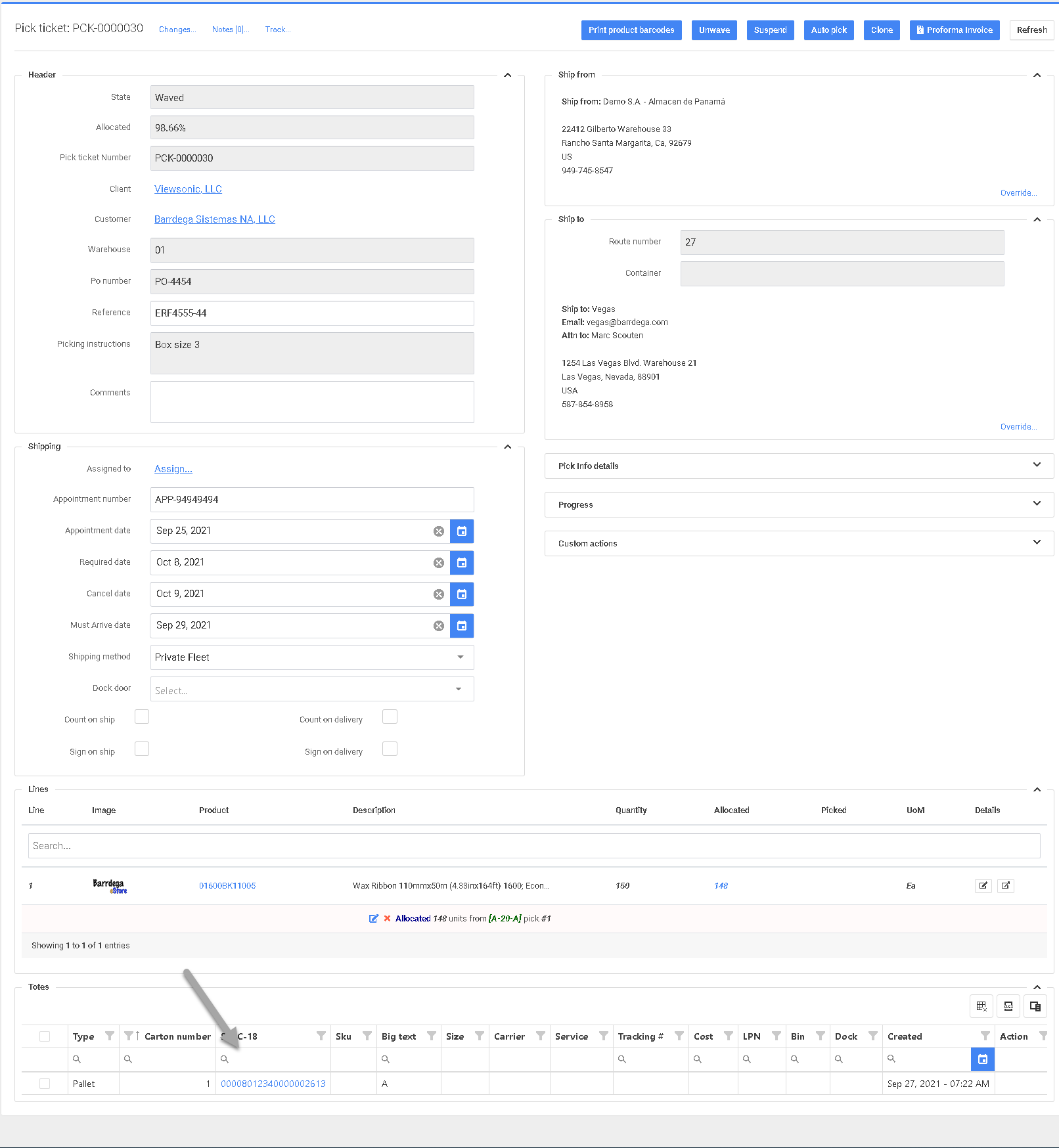 P4 Warehouse Order that is Allocated and waved