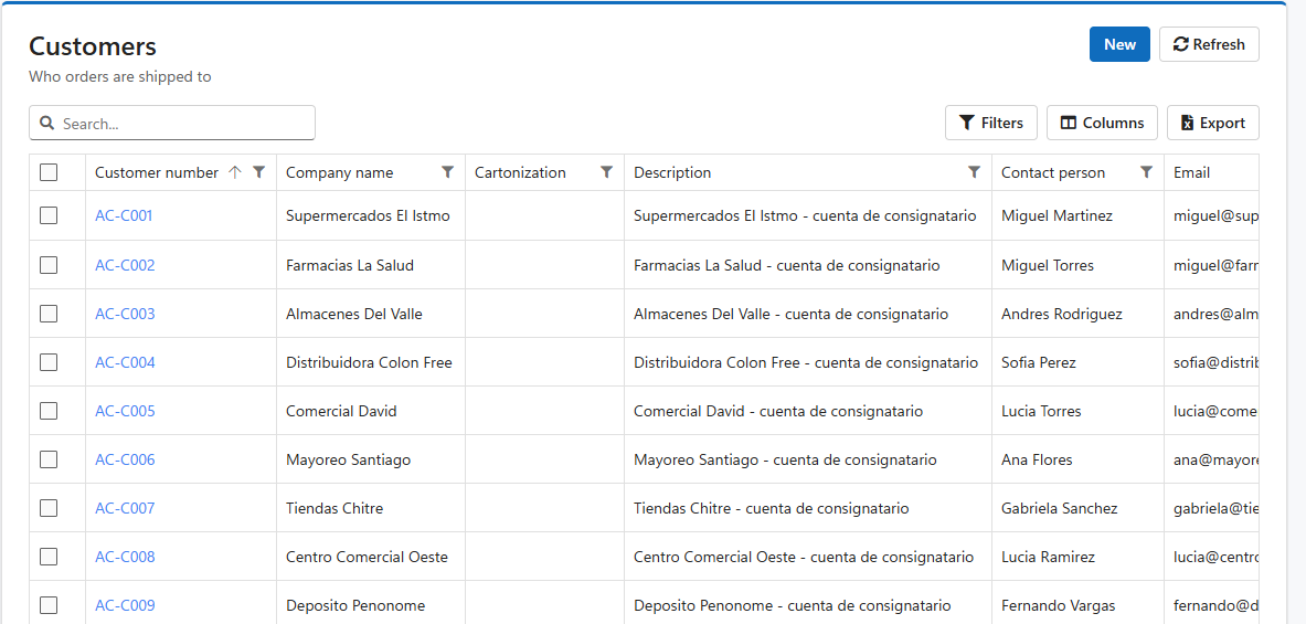 LogisticaHQ, lista de clientes