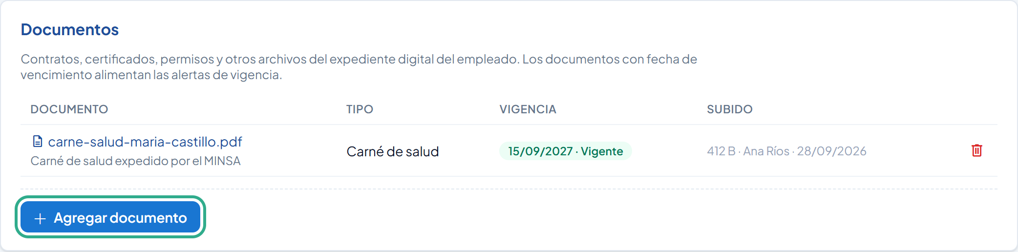 Tarjeta Documentos con el botón Agregar documento resaltado