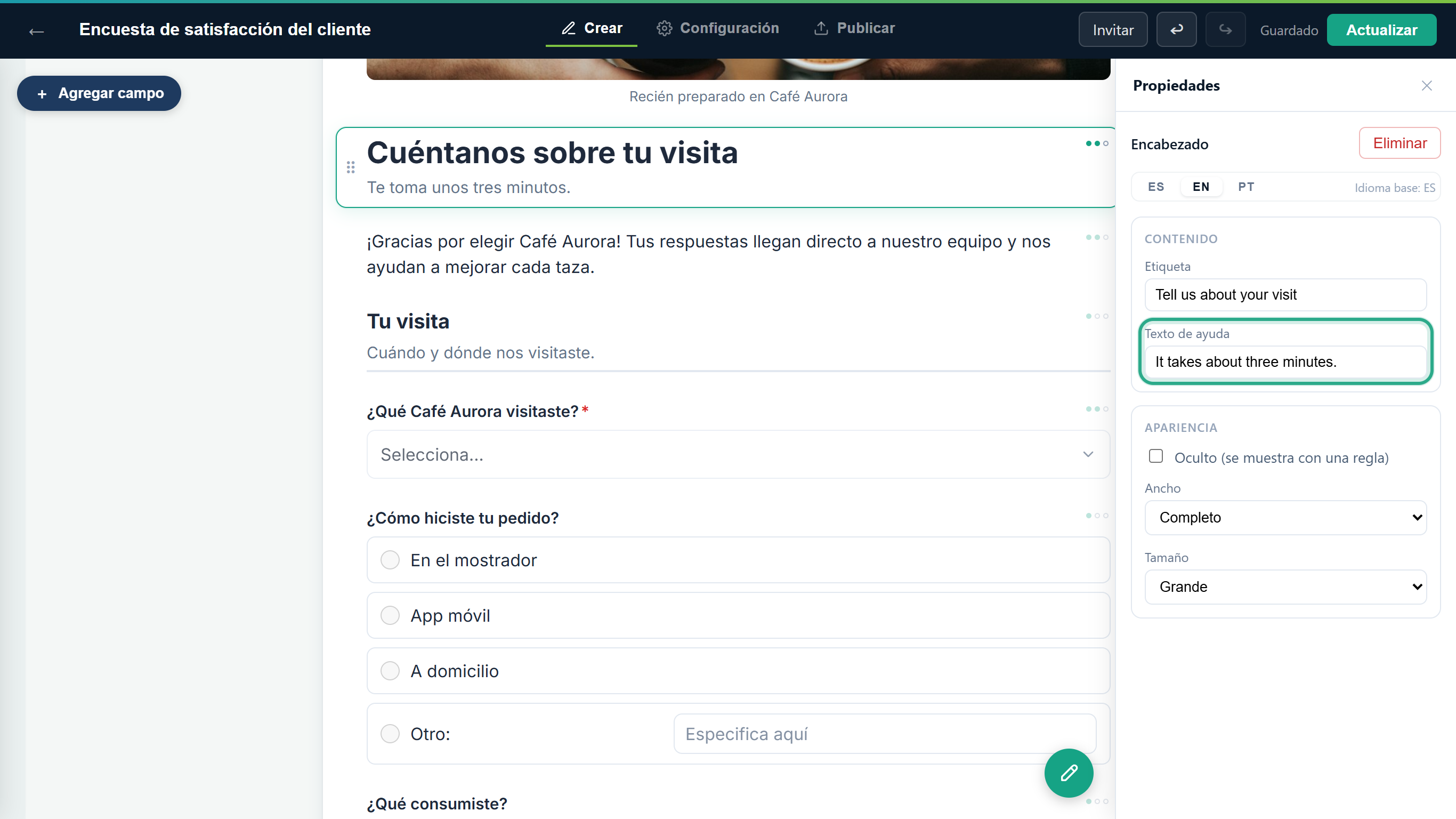 El panel Propiedades del encabezado en la pestaña EN con la casilla Texto de ayuda resaltada, con It takes about three minutes.
