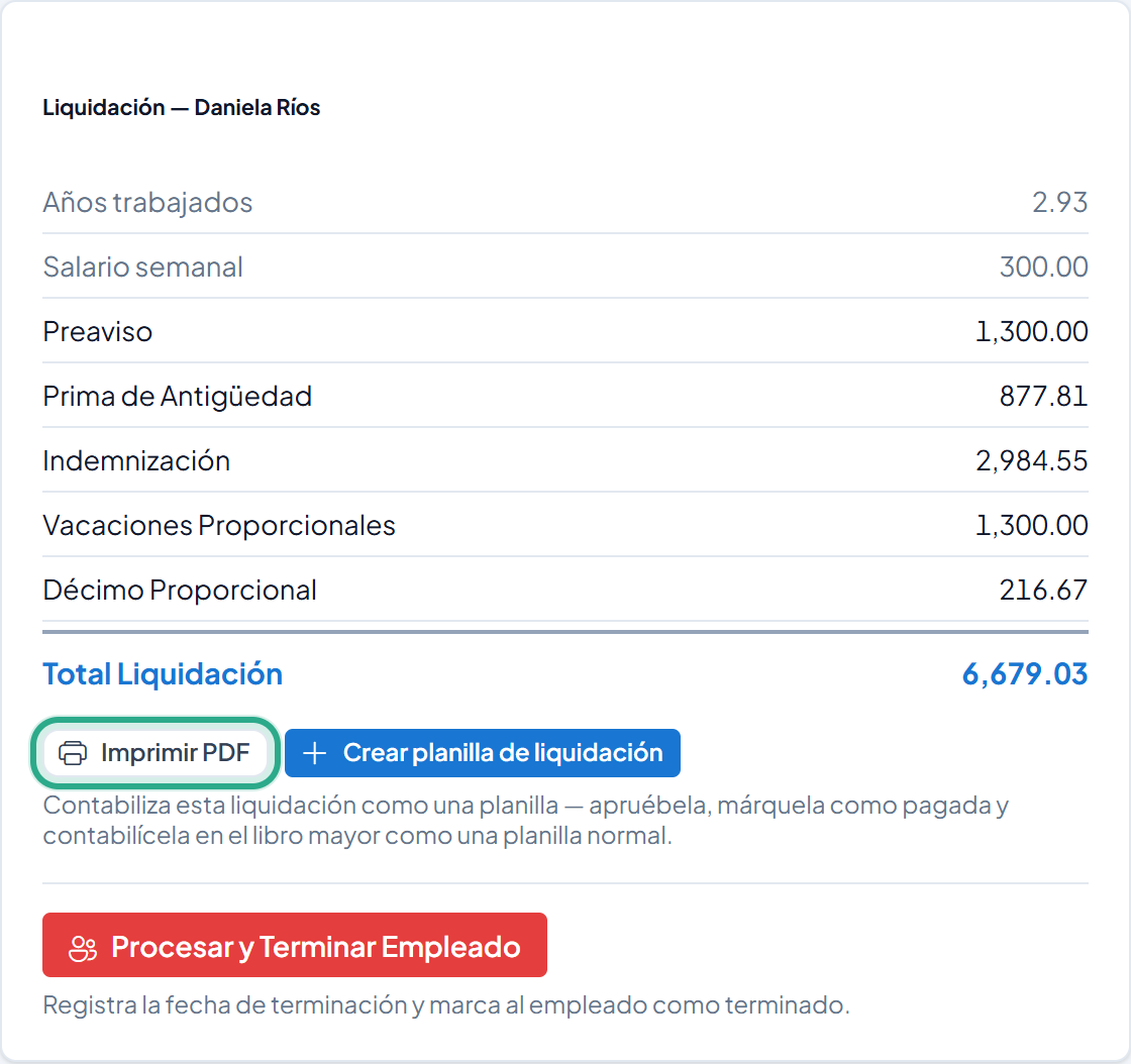 Bloque Liquidación con el botón Imprimir PDF resaltado