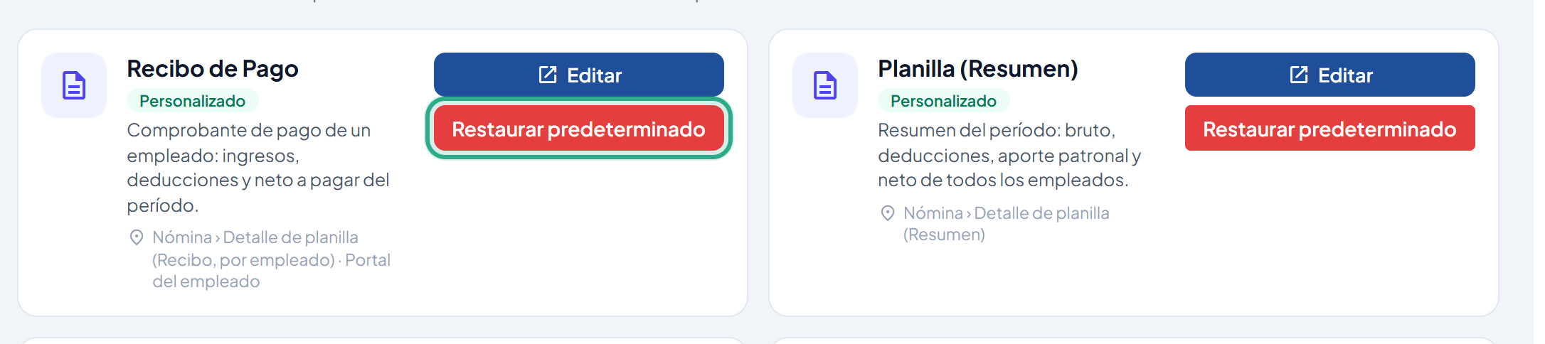 Tarjeta Recibo de Pago con el botón Restaurar predeterminado resaltado