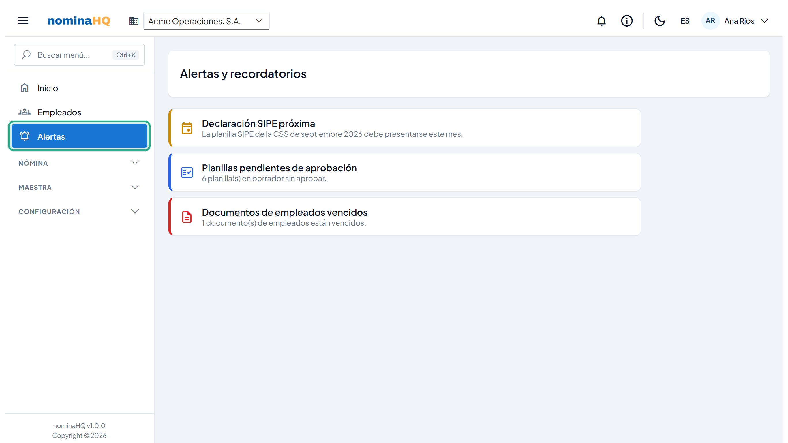 Pantalla Alertas y recordatorios con el elemento Alertas del menú resaltado