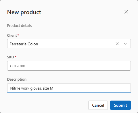 The New product dialog with Client, SKU and Description filled in