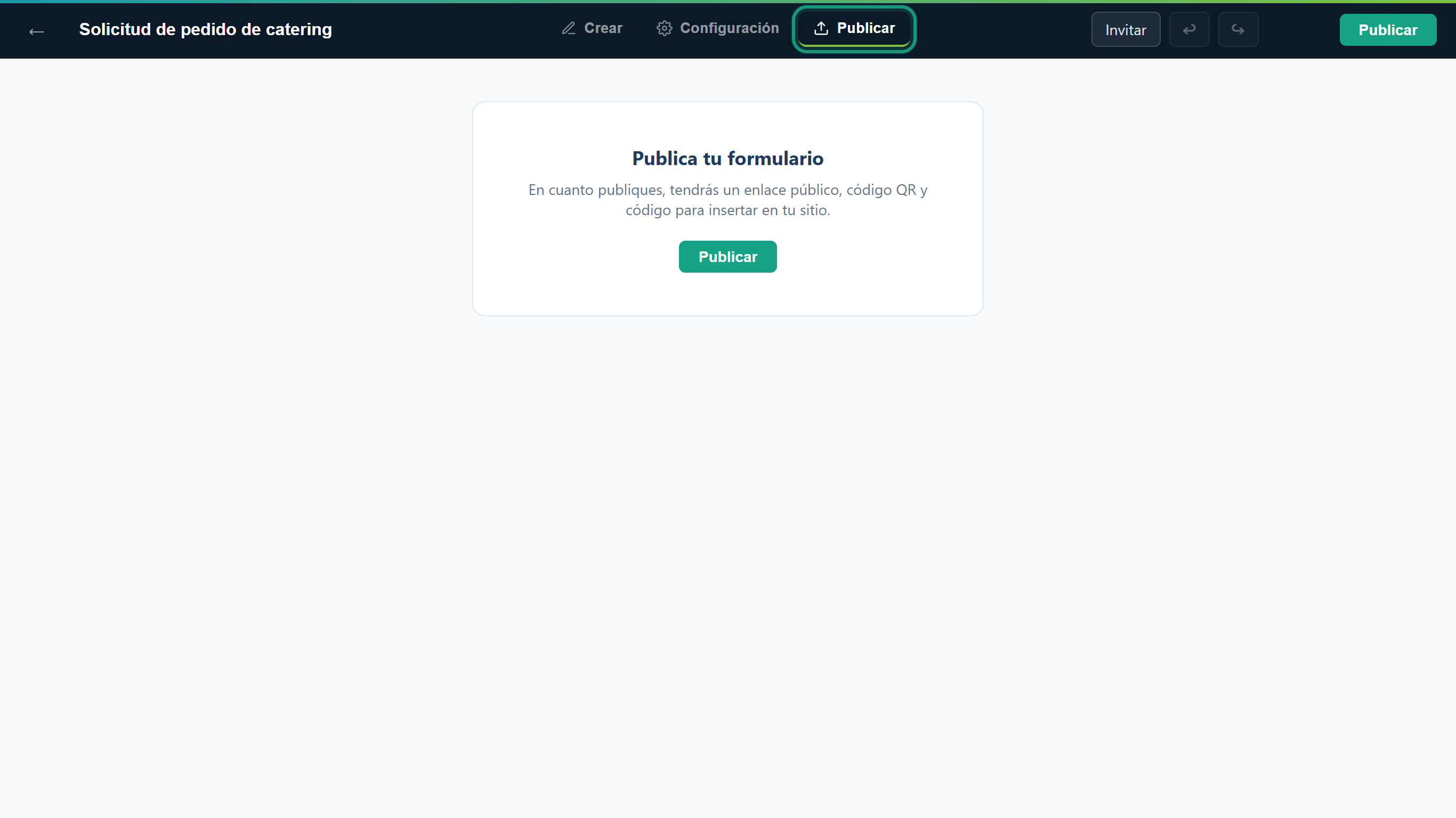 La pestaña Publicar resaltada, con Publica tu formulario y un botón Publicar