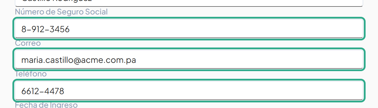 Campos Número de Seguro Social, Correo y Teléfono resaltados y completados
