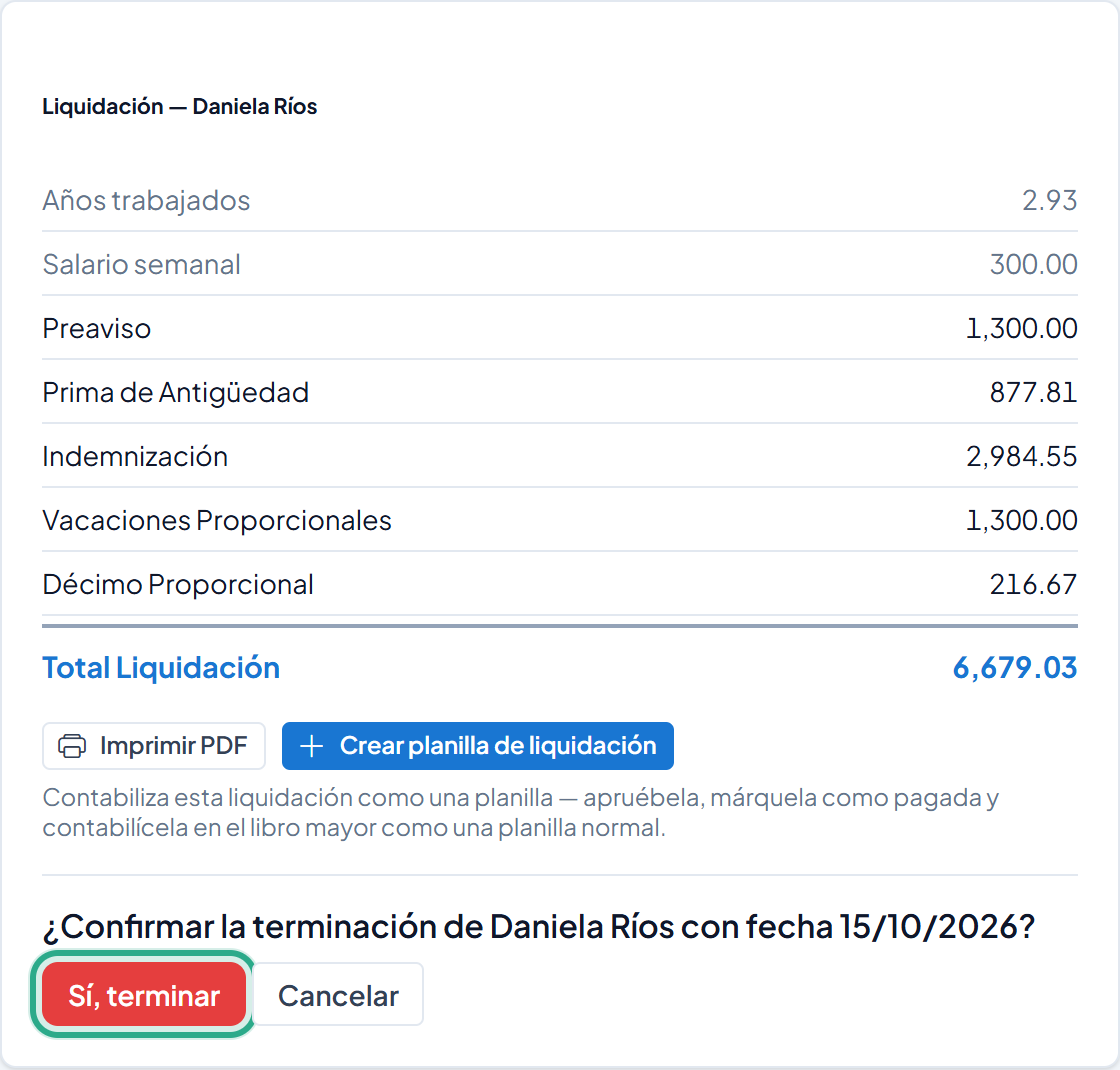 Confirmación ¿Confirmar la terminación de Daniela Ríos con fecha 15/10/2026? y el botón Sí, terminar resaltado junto a Cancelar