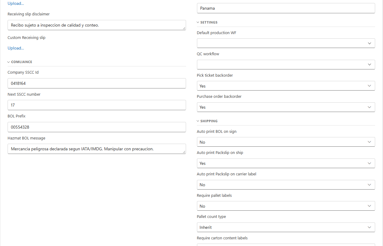 The Compliance section: Company SSCC Id, Next SSCC number, BOL Prefix and Hazmat BOL message