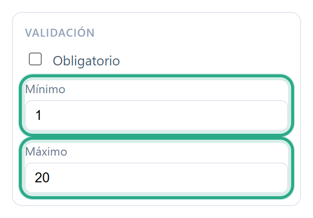 La sección Validación de un campo de Número con Mínimo 1 y Máximo 20 resaltados