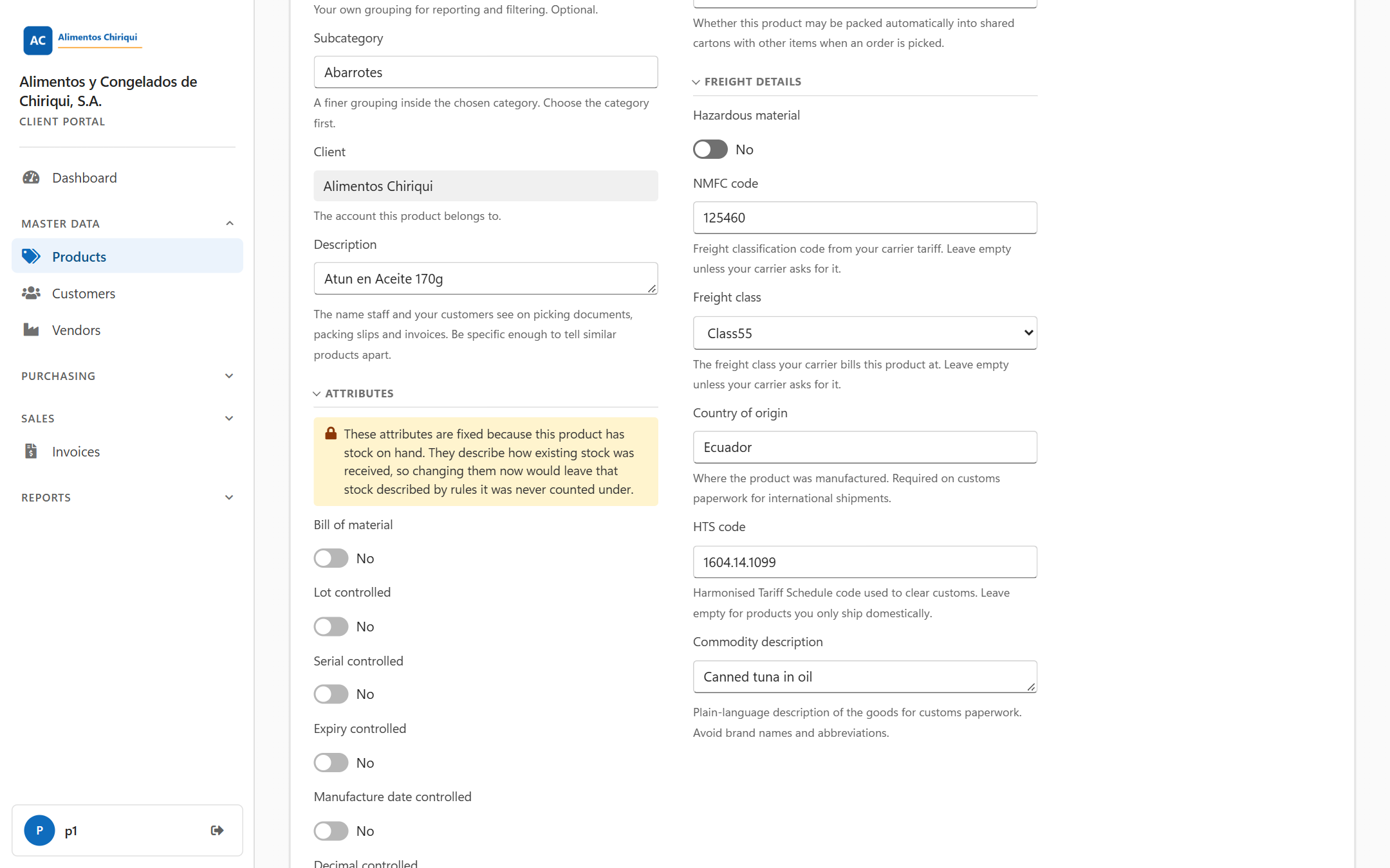 The Attributes section of a product that has stock, with the yellow lock note and disabled switches