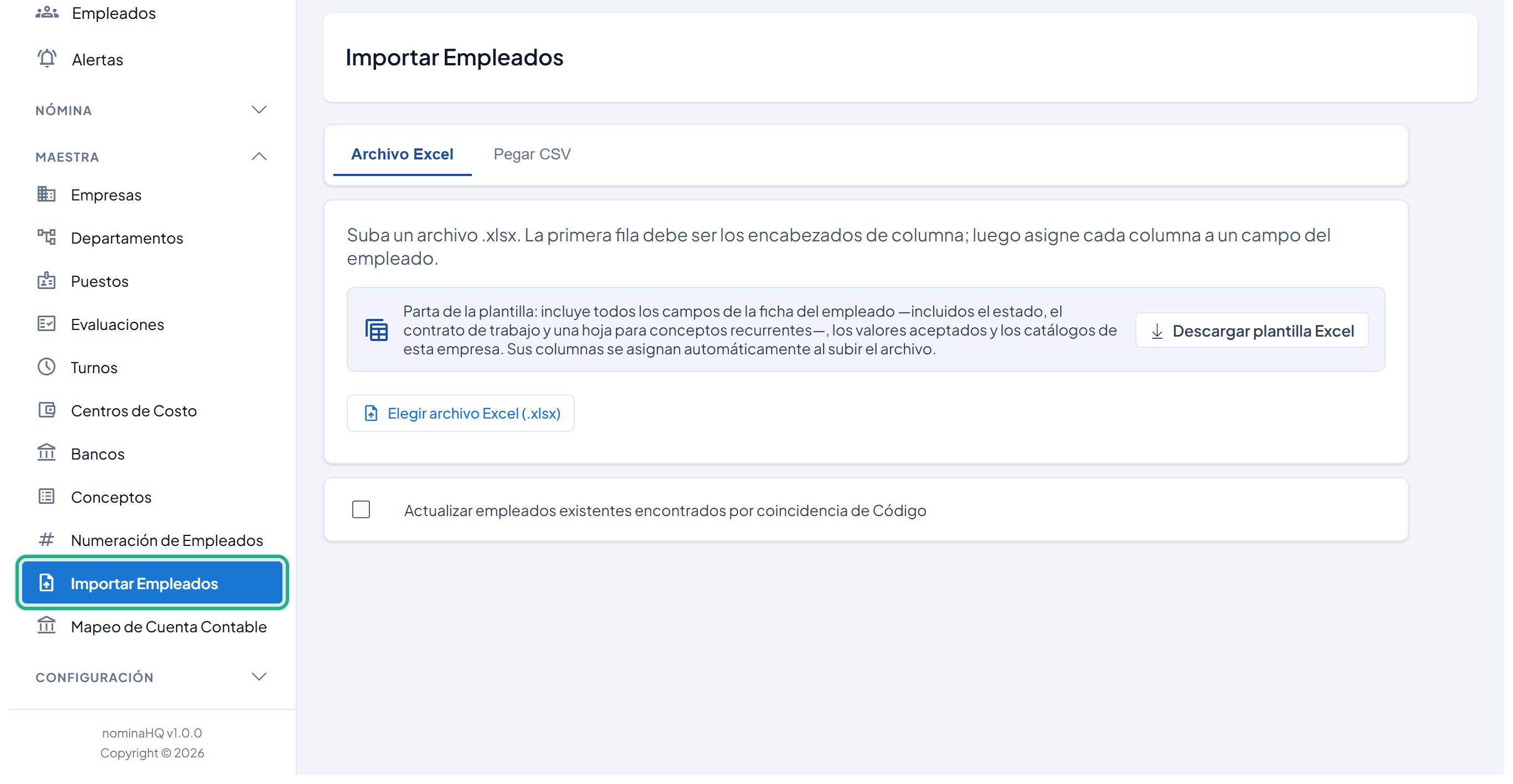 Menú Maestra desplegado con Importar Empleados resaltado y la pantalla de importación