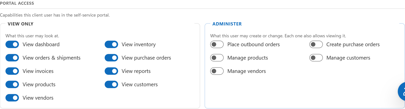 The Portal access card with the View only and Administer groups