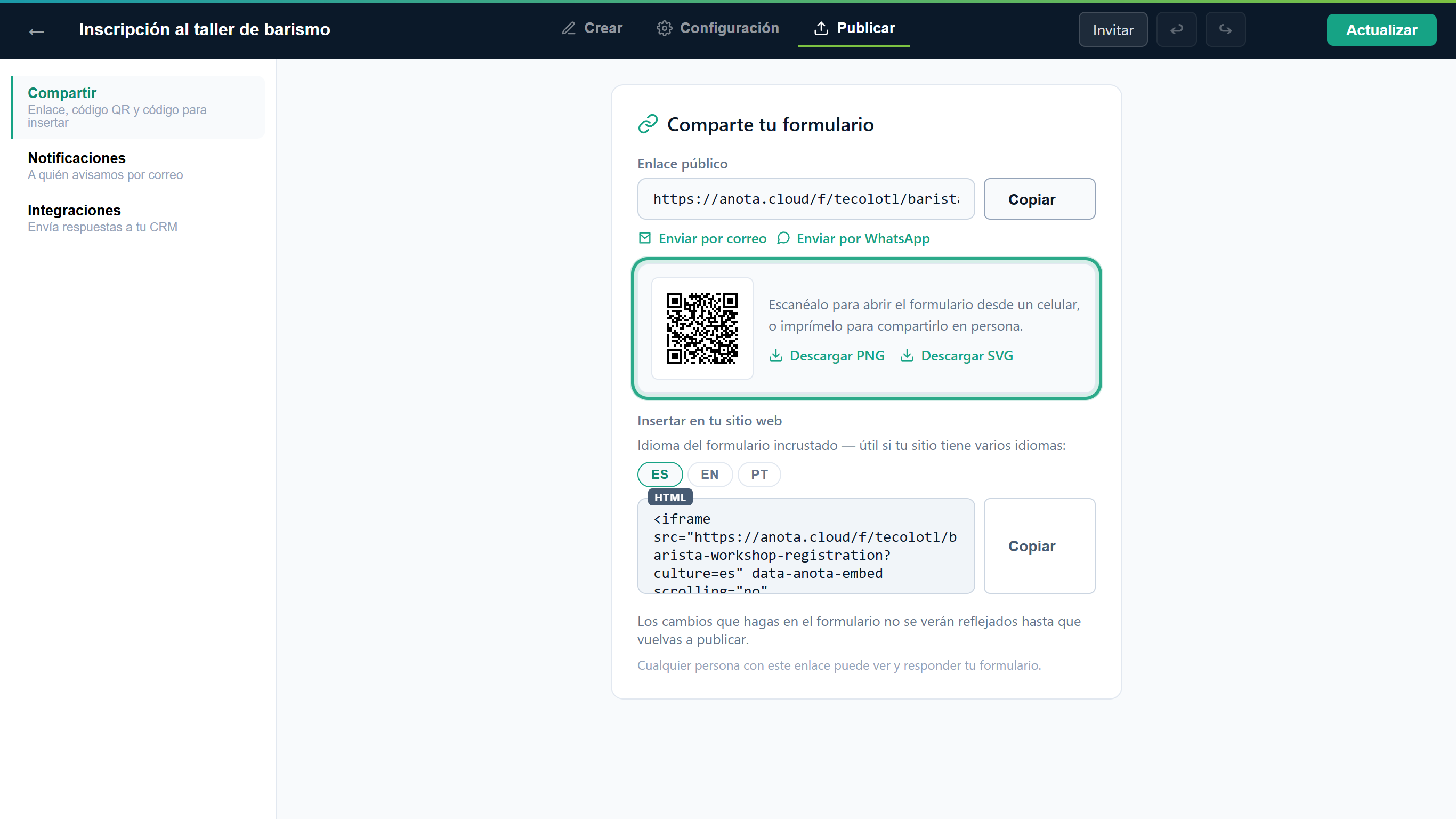 El código QR con su texto y los enlaces Descargar PNG y Descargar SVG, resaltados