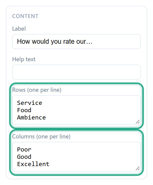 The Content section of a Matrix field with Rows Service, Food, Ambience and Columns Poor, Good, Excellent outlined