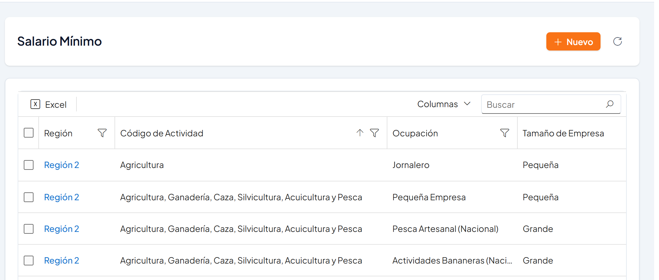Tabla Salario Mínimo con región, actividad, ocupación, tamaño de empresa, tarifa por hora y equivalente mensual