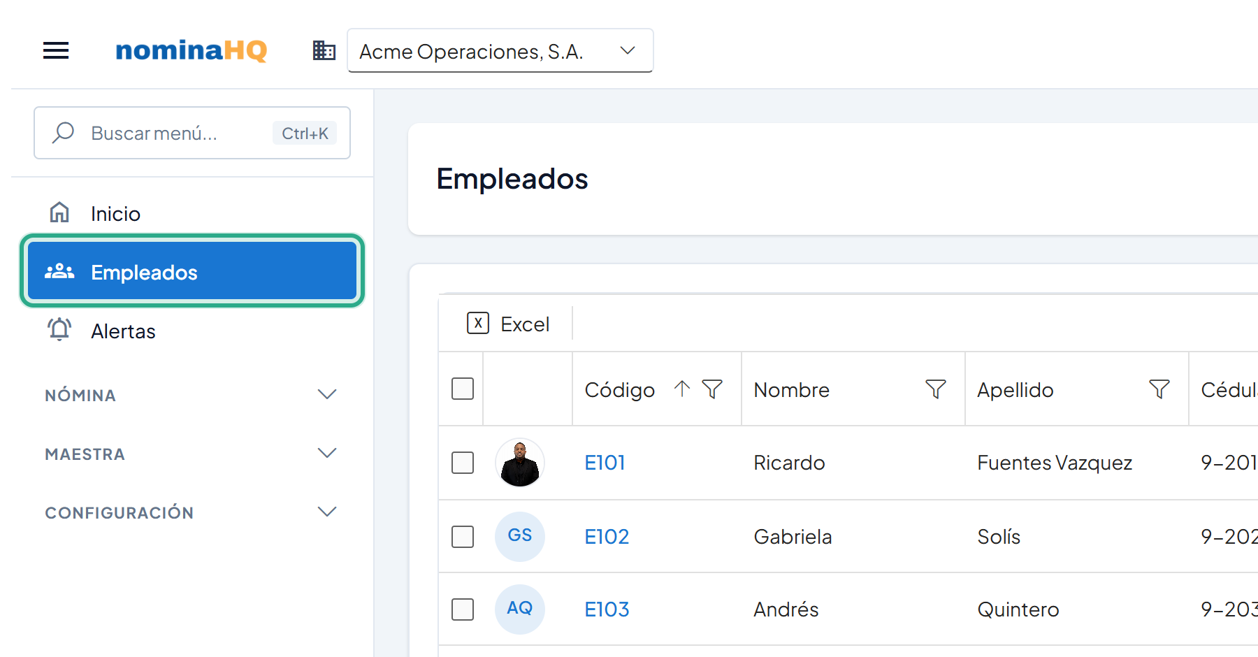 Menú lateral con Empleados resaltado y la lista de empleados a la derecha
