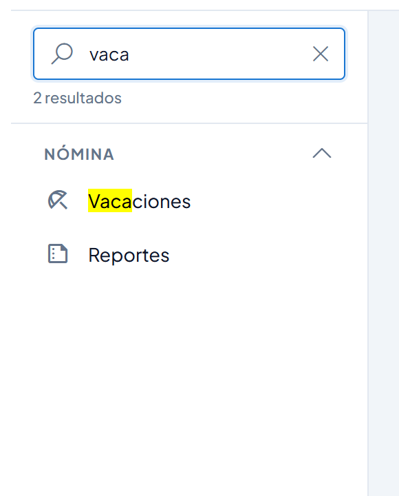 Búsqueda del menú con el texto vaca y dos resultados: Vacaciones y Reportes
