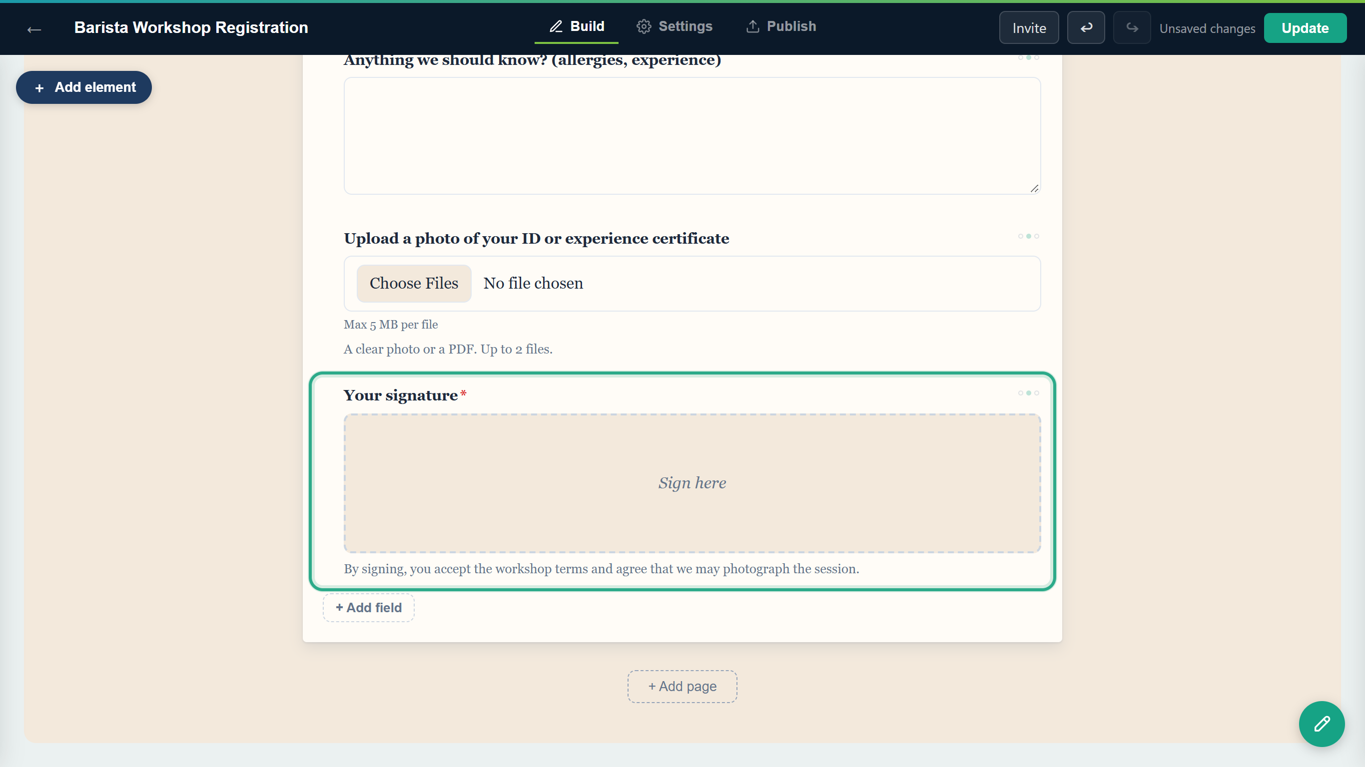 The Your signature field on the canvas, outlined, with its Sign here pad and the help text underneath