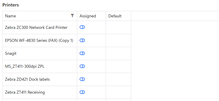 The Printers list on a user's profile with Assigned and Default switches for each printer