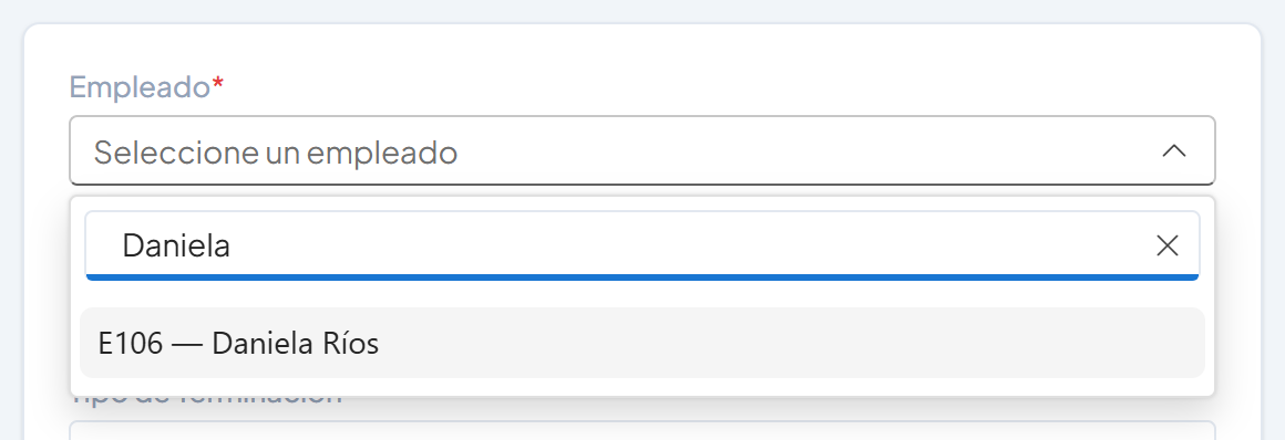 Lista Empleado abierta con el filtro Daniela y la opción E106 — Daniela Ríos