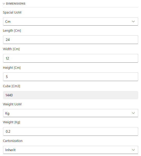 The Dimensions section set to centimetres, with length 24, width 12, height 5 and weight 0.2 kg