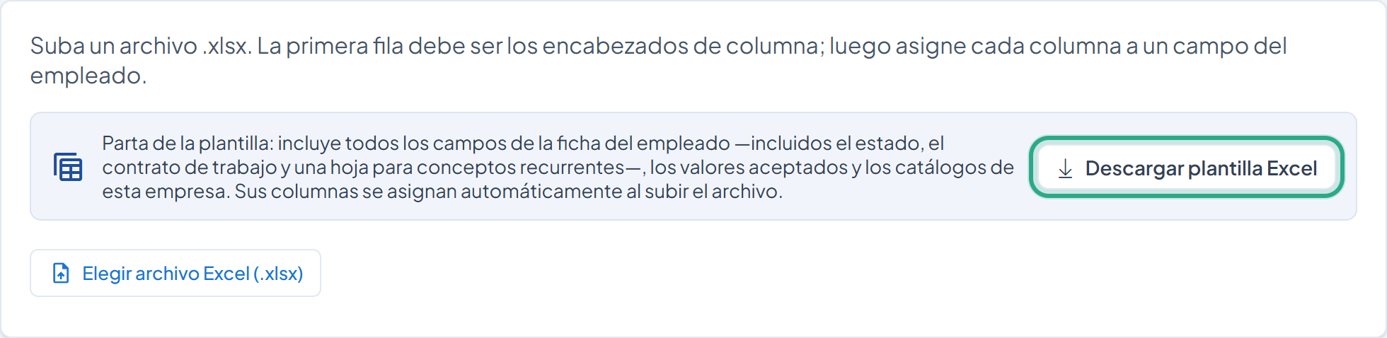 Pestaña Archivo Excel con el botón Descargar plantilla Excel resaltado