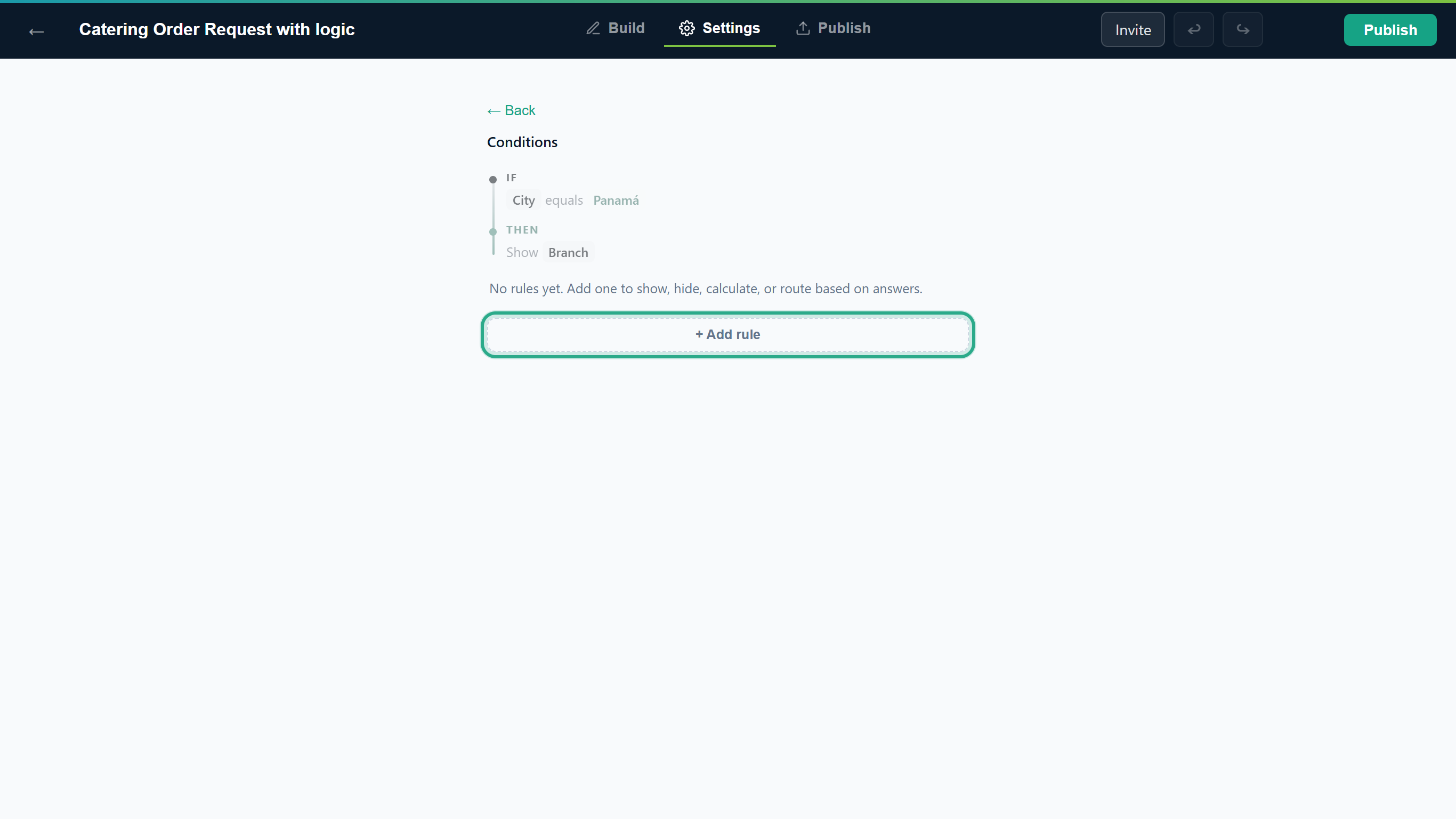 The empty Conditions panel with the example rule, the No rules yet message and the Add rule button outlined
