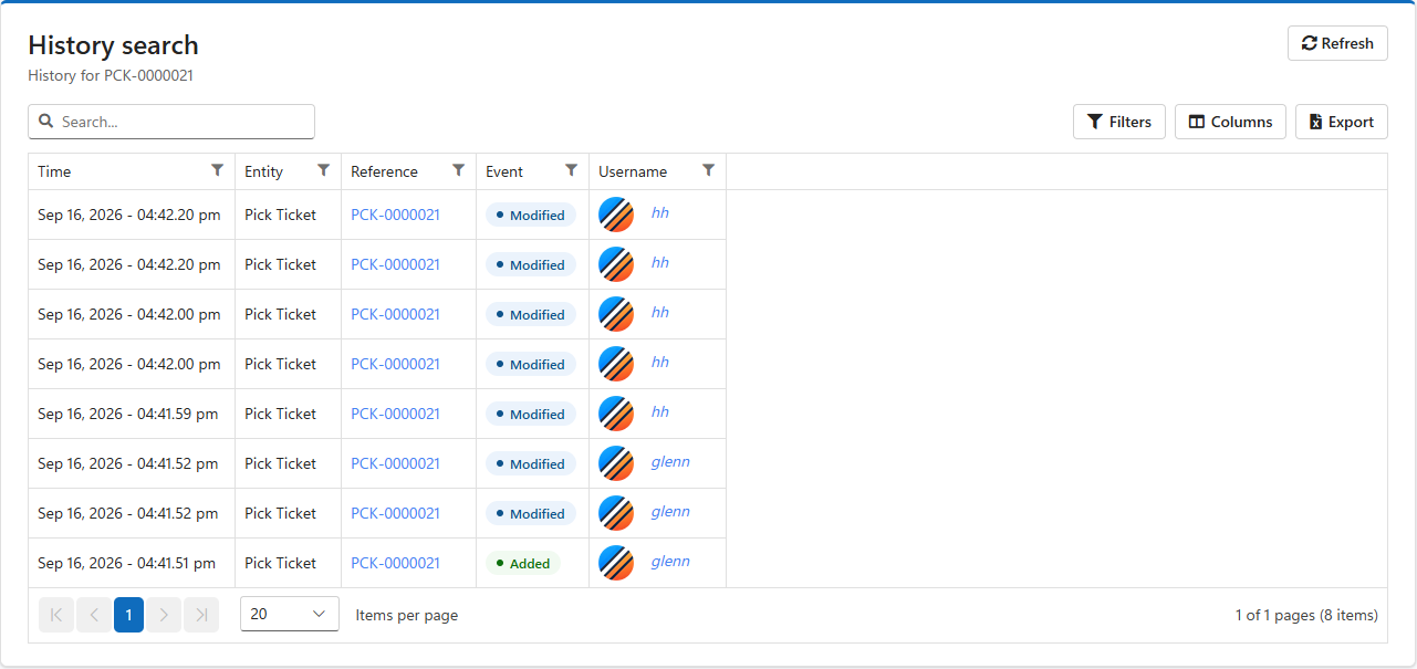 History search for order PCK-0000021: it was added by glenn, then modified seven times by glenn and by hh as it was picked, shipped and closed
