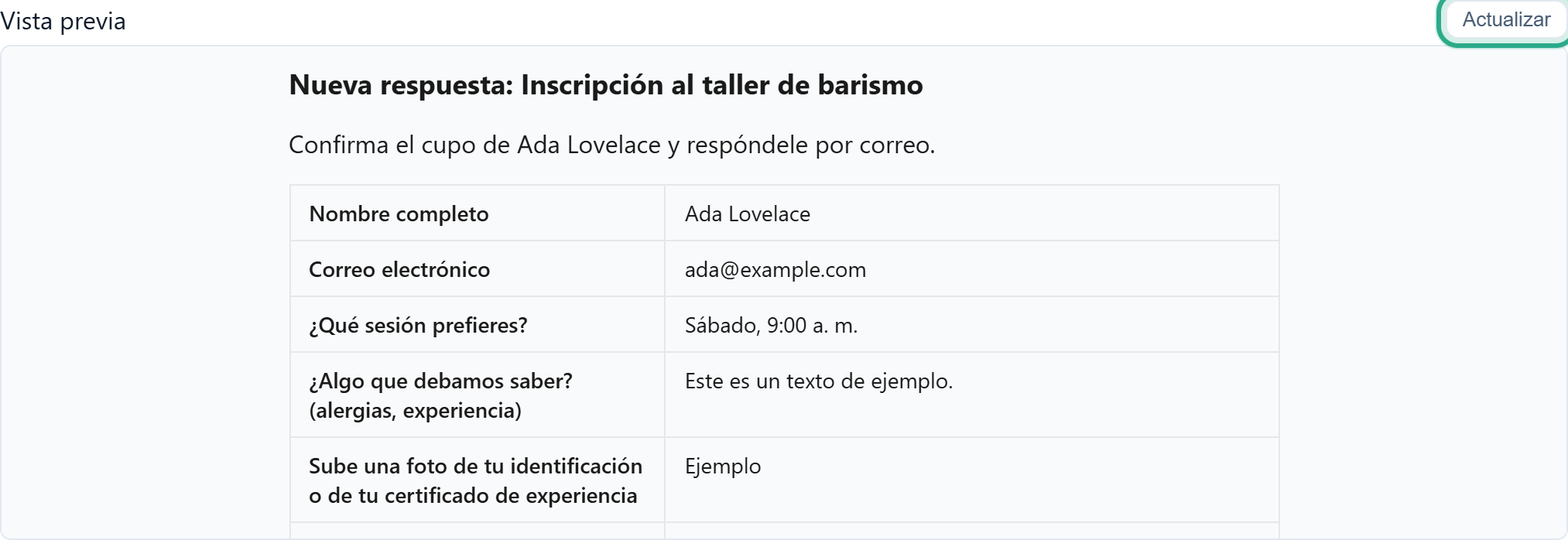 La Vista previa con Actualizar resaltado: Nueva respuesta: Inscripción al taller de barismo, el texto Confirma el cupo de Ada Lovelace y respóndele por correo., y la tabla de respuestas con valores de ejemplo