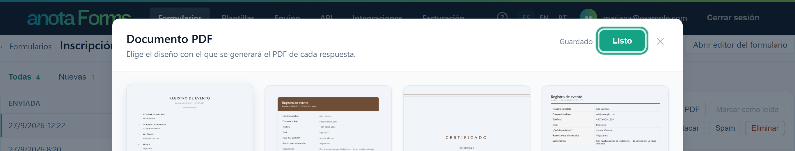 La parte superior de la ventana Documento PDF con el botón Listo resaltado