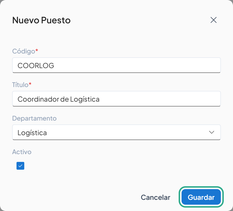 Cuadro Nuevo Puesto completo con el botón Guardar resaltado