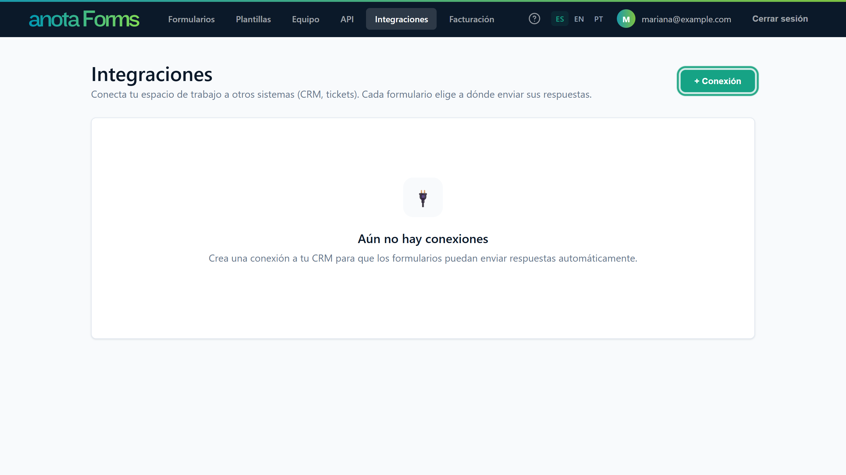 La página Integraciones con el botón + Conexión resaltado y el mensaje Aún no hay conexiones