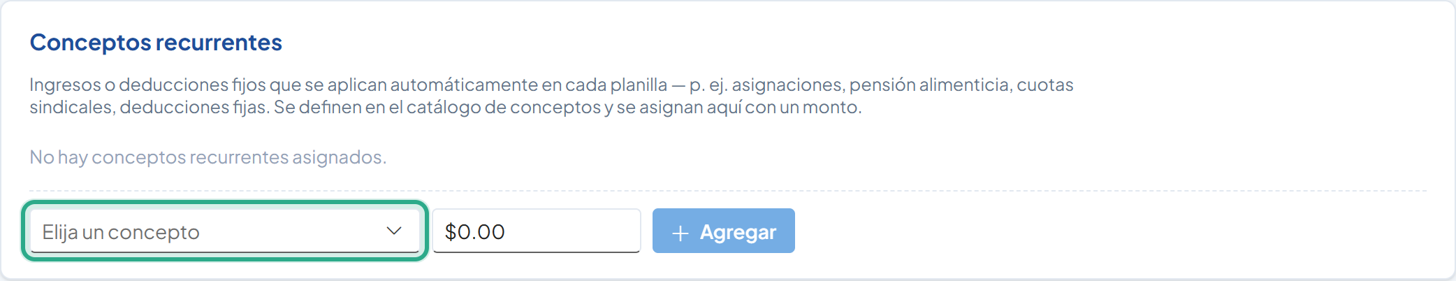 Tarjeta Conceptos recurrentes sin conceptos asignados y la lista Elija un concepto resaltada