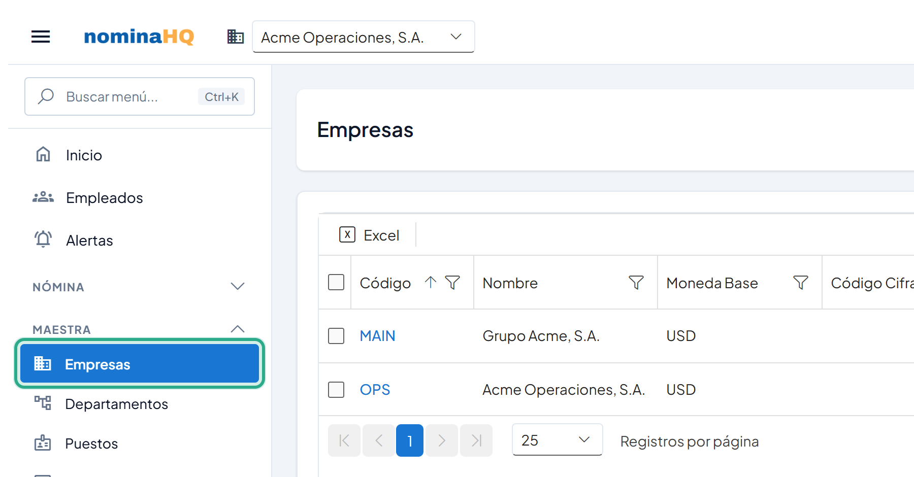 Pantalla Empresas con el menú Maestra → Empresas resaltado